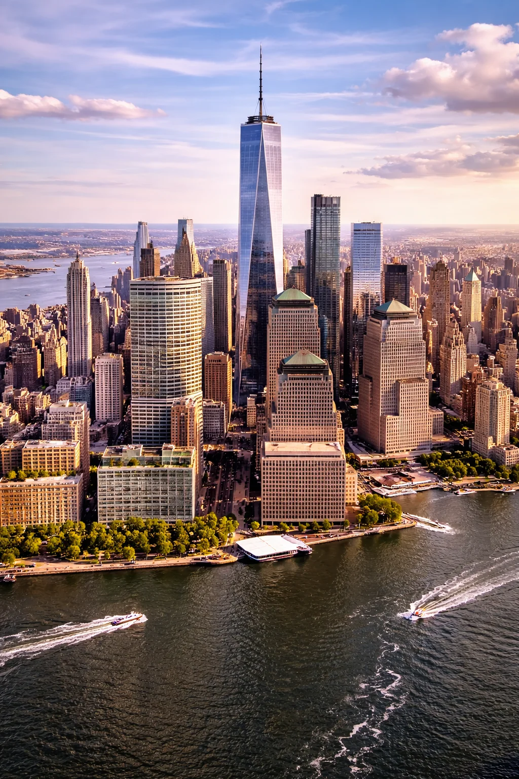 A woman in Manhattan with the New York City skyline behind her, about to set off on a long-distance journey.