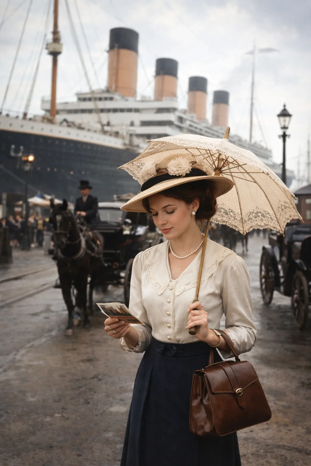 A woman in modern clothing stands on a cobblestone street circa 1911 with horse-drawn carriages, gas lamps, and the silhouette of an ocean liner at the dock.