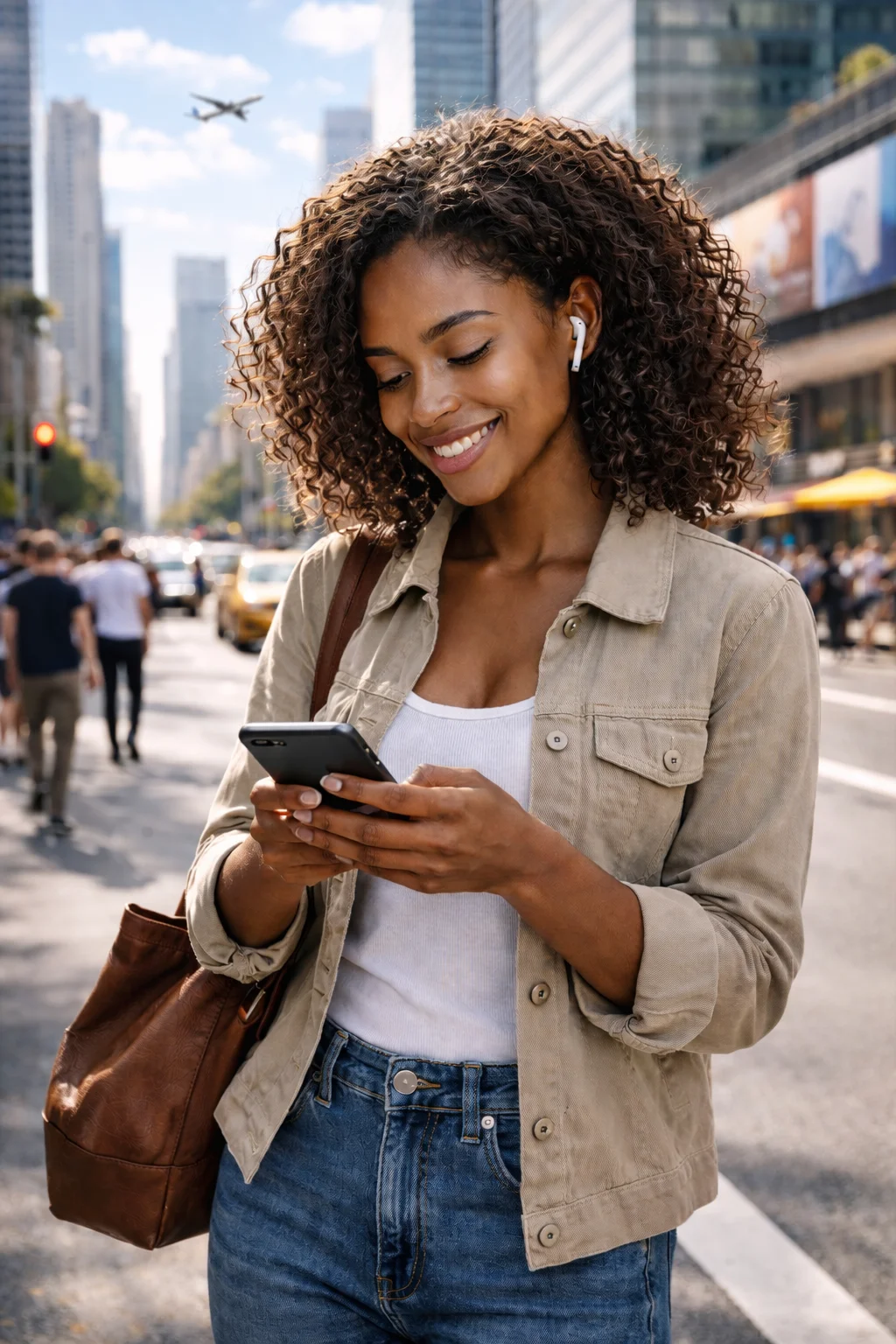 A woman in present-day clothing looks out from a contemporary city window, the sky and skyline indistinguishable from today.